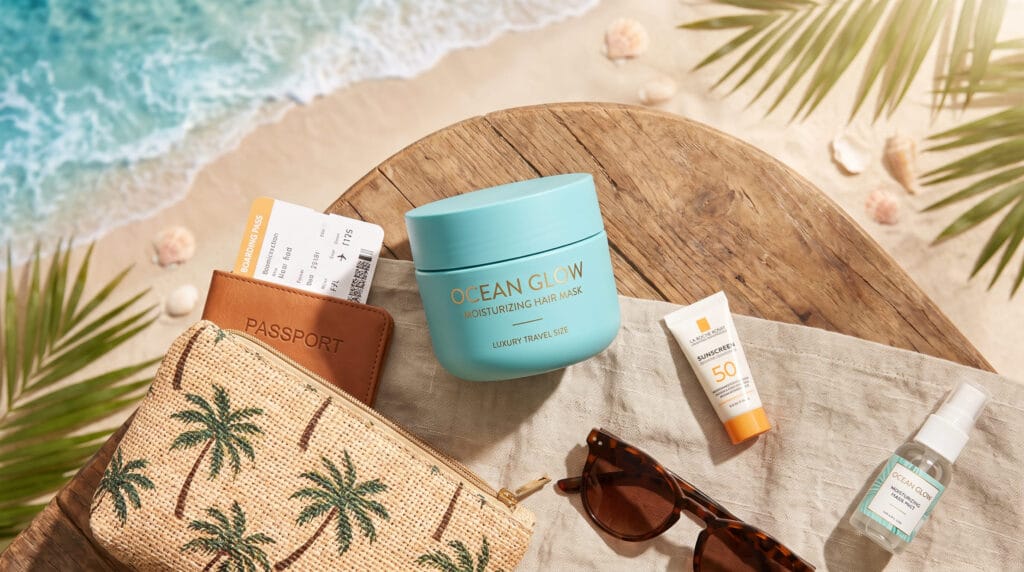 Travel hair moisturizing mask deep conditioning product shot with cosmetics and travel accessories on beige background