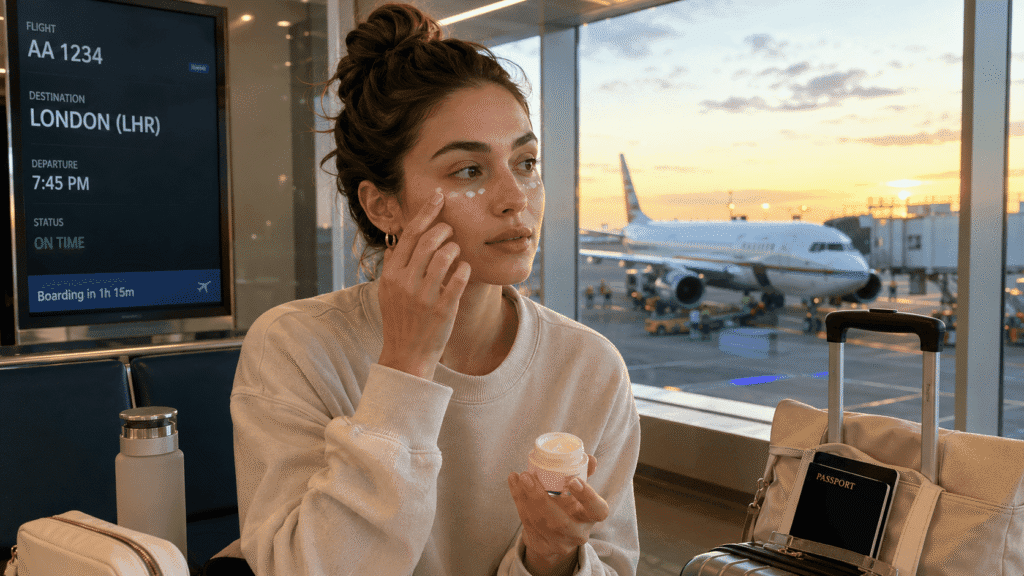  traveler applying protective eye cream before flight with healthy hydrated skin around eyes visible
