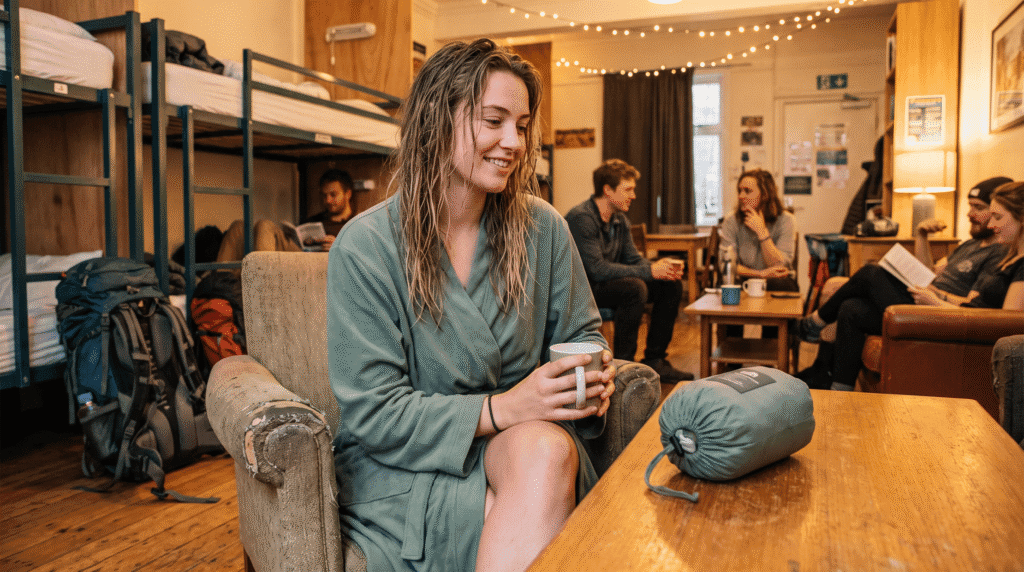 backpacker wearing lightweight microfiber robe comfortably in hostel showing privacy and comfort