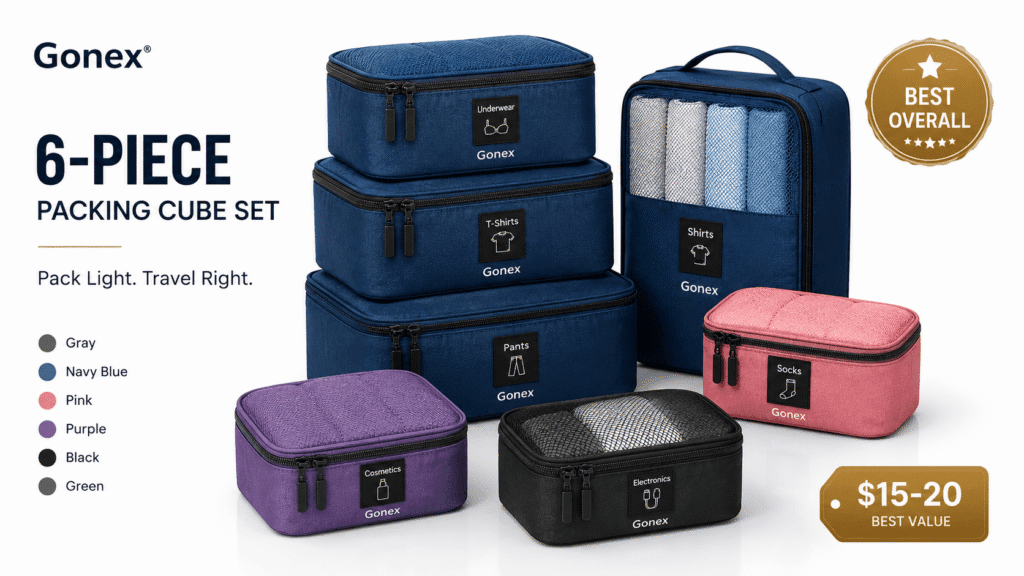 Gonex packing cubes 6-piece set showing best overall option with pricing for minimalist travelers