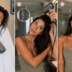 travel influencer testing compact travel hair dryer with results showing dried hair in hotel bathroom