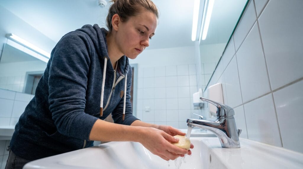 travel influencer demonstrating how to use solid toiletries correctly while traveling