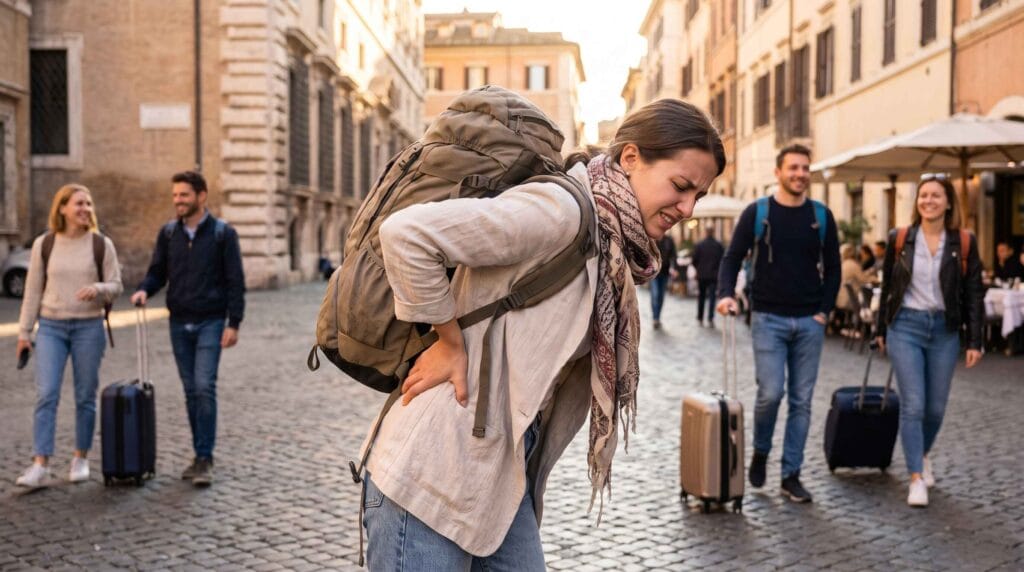 travel influencer showing frustration of wrong travel bag destroying vacation experience
