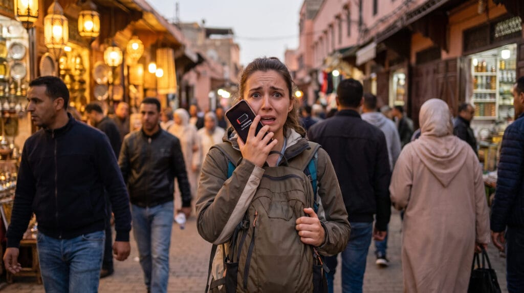 travel influencer with dead phone in foreign city no outlets available panic
