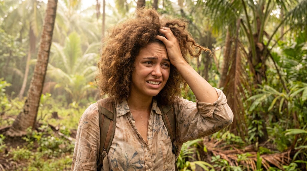 traveler with frizzy unmanageable curly hair in humid destination frustrated with hair appearance