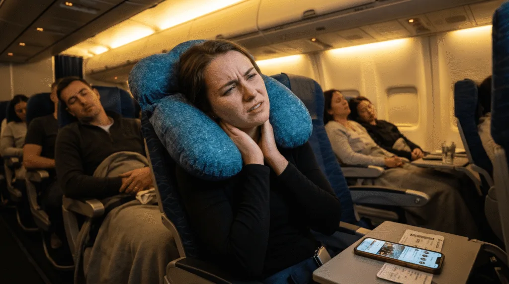  travel influencer showing neck pain and discomfort from bad travel pillow on long flight
