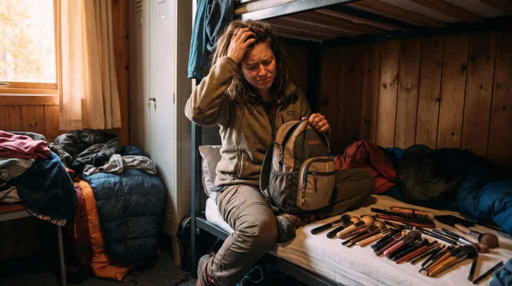 backpacker influencer frustrated with 12 brushes taking up space in backpack during trip

