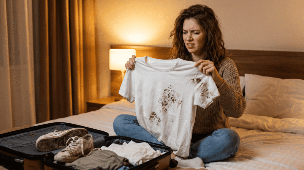 traveler showing white shirt with dirt stains from shoes packed directly in luggage
