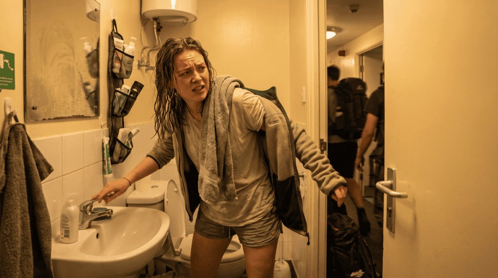backpacker stressed and uncomfortable getting ready in cramped hostel bathroom without privacy