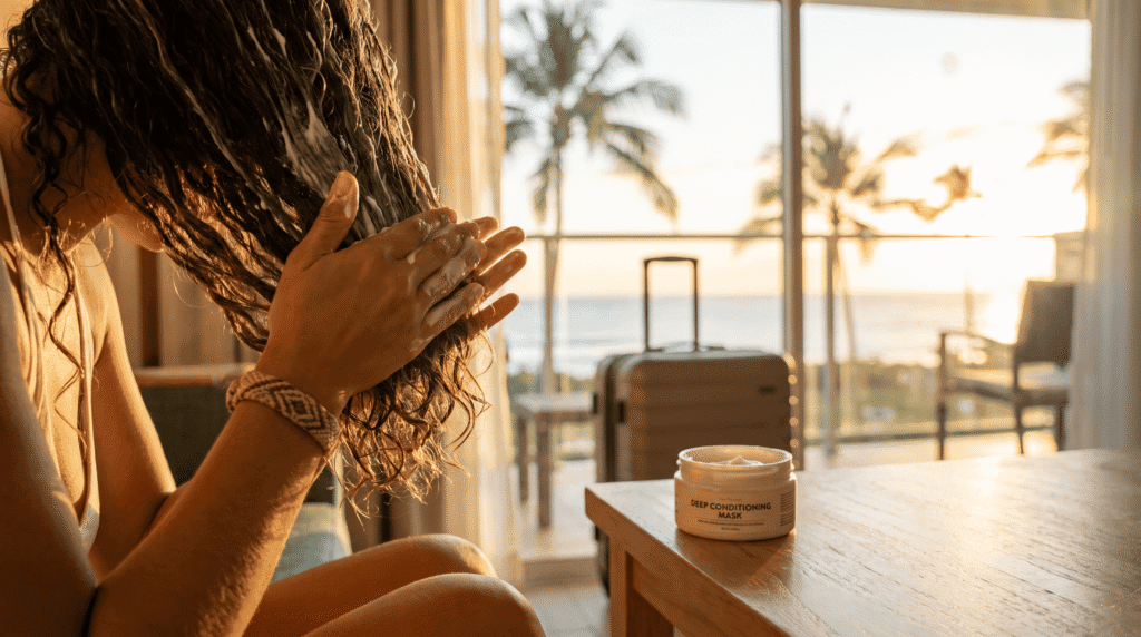 Woman applying travel hair moisturizing mask in hotel room