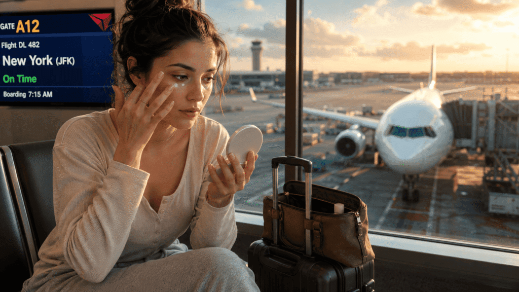 traveler with visibly irritated red dry eyes after long flight showing skin damage
