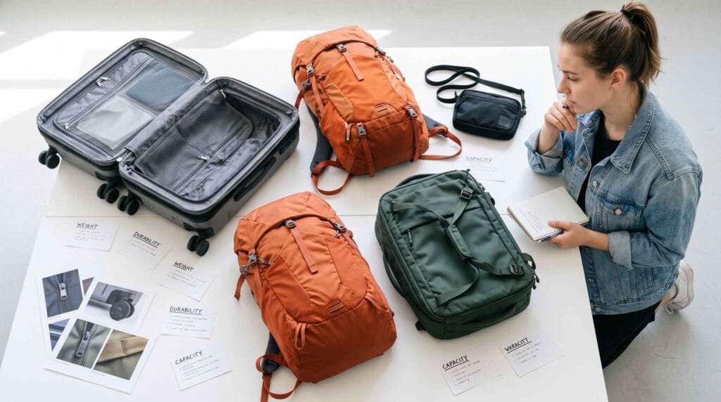 travel influencer testing and comparing 12 different travel bags side by side