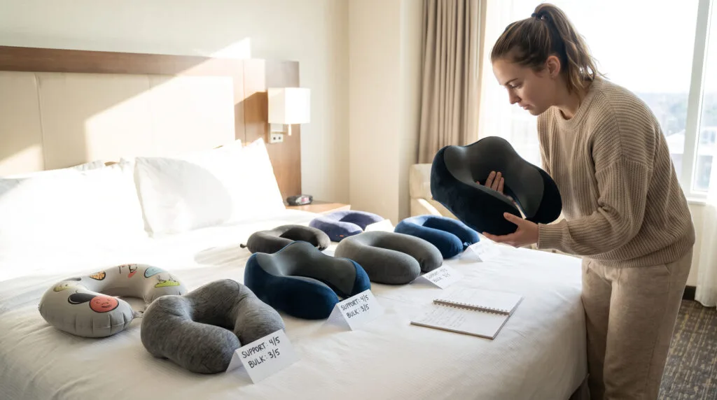 travel influencer displaying and testing 7 different travel pillows side by side comparison
