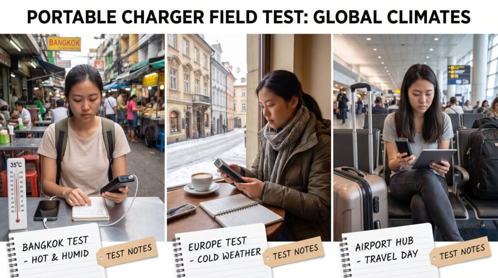 travel influencer testing comparing 6 portable chargers across different countries and climates
