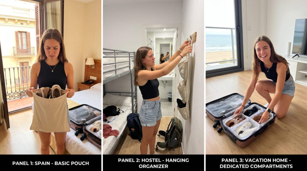 traveler testing comparing 7 different shoe organizer bags across multiple travel trips
