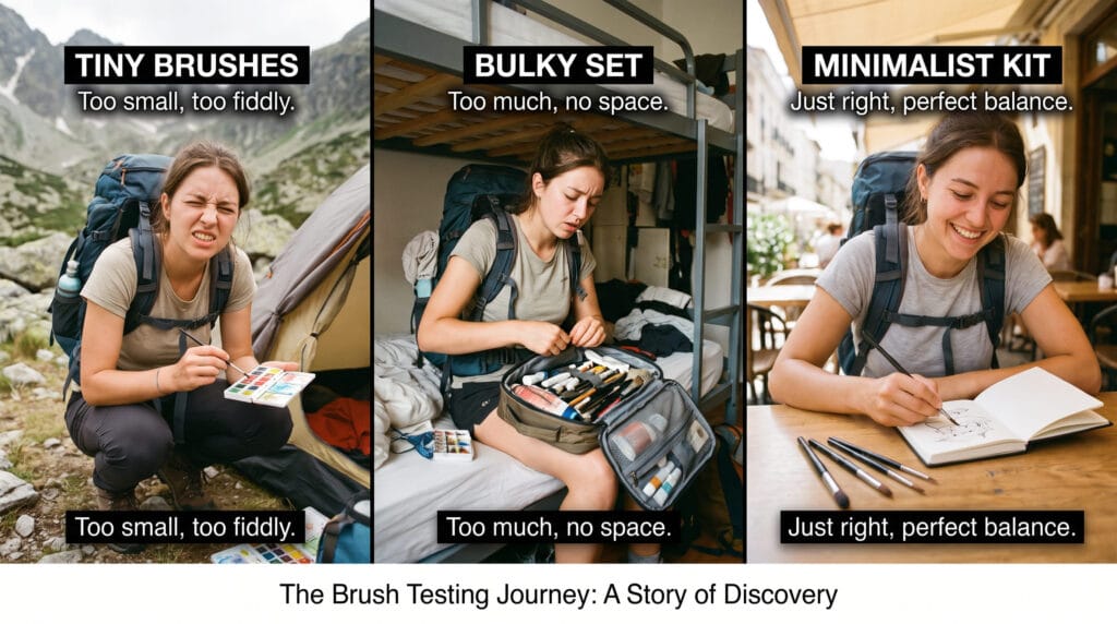  backpacker influencer testing comparing 7 different travel makeup brush sets on real backpacking trips
