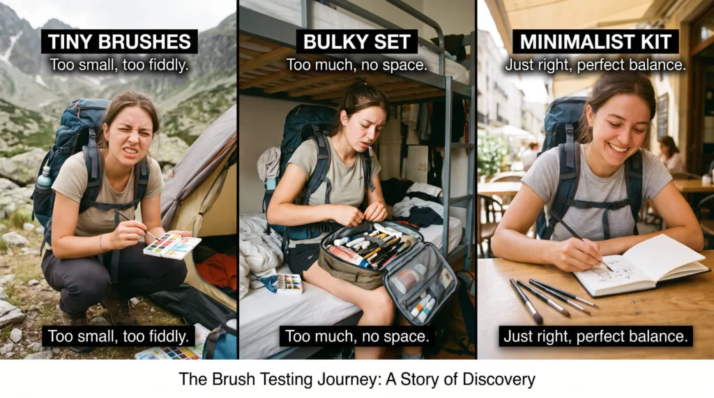  backpacker influencer testing comparing 7 different travel makeup brush sets on real backpacking trips
