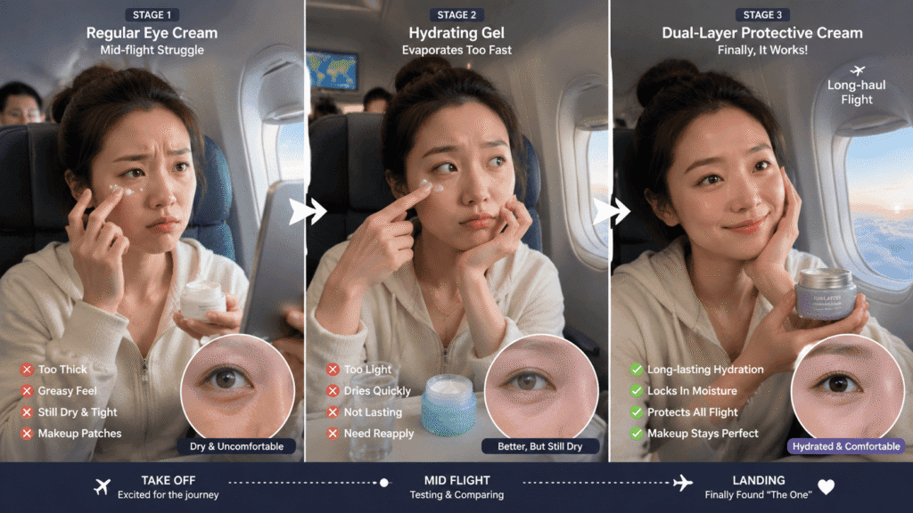 traveler testing comparing 8 different eye creams on real long-haul flights
