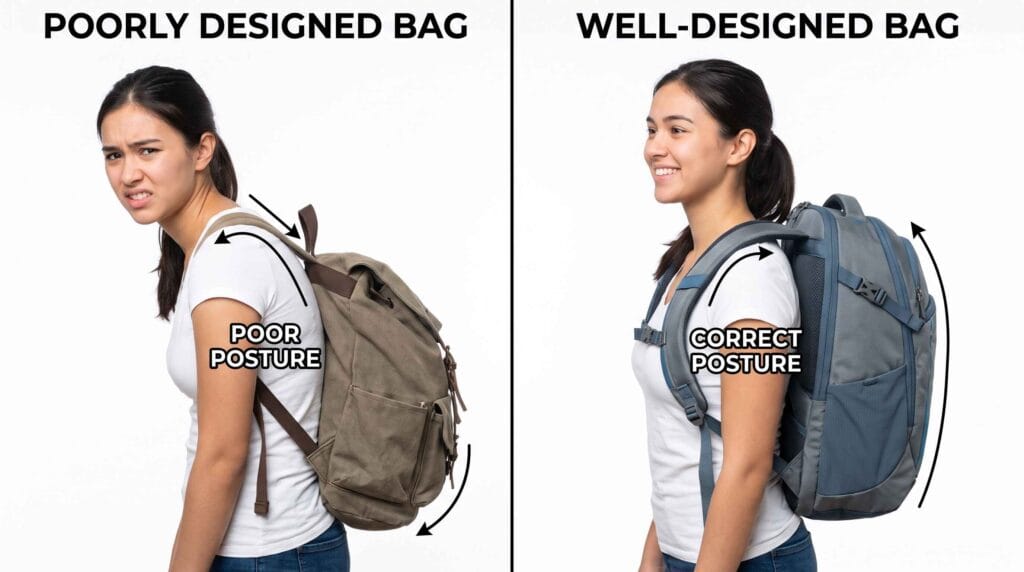 travel influencer demonstrating proper travel bag fit and weight distribution
