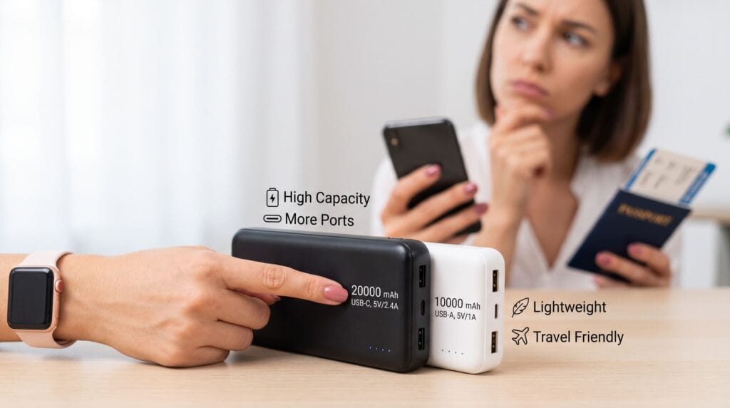 travel influencer explaining portable charger specs capacity voltage ports for international use