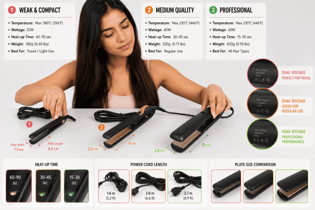 travel influencer comparing hair straightener specifications heat temperature dual voltage cord quality