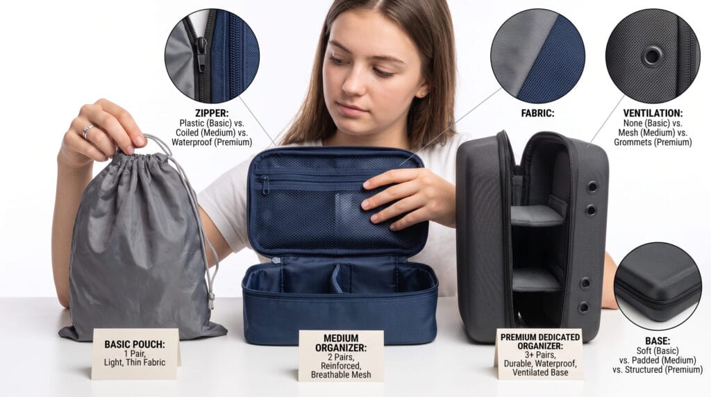 travel packer comparing shoe organizer features containment zippers durability ventilation
