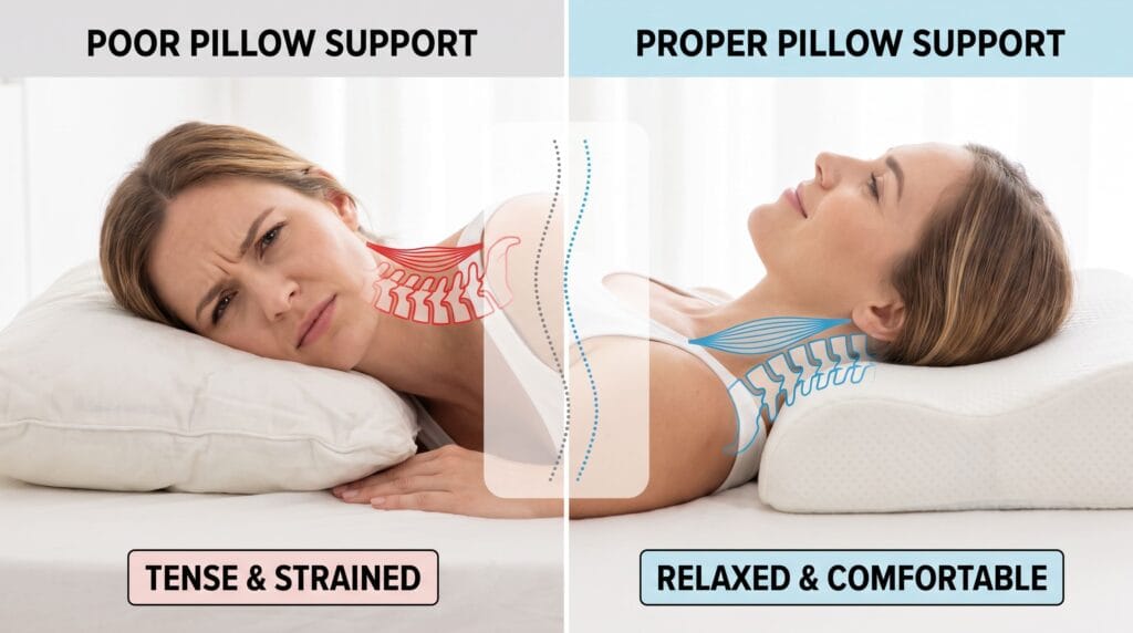 travel influencer demonstrating proper neck support and spine alignment with correct pillow positioning