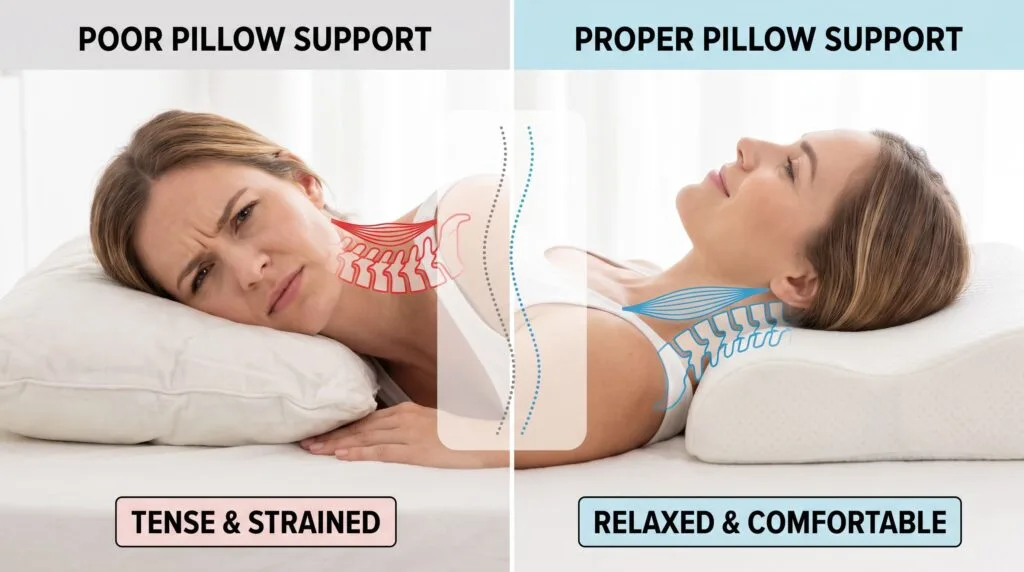 travel influencer demonstrating proper neck support and spine alignment with correct pillow positioning
