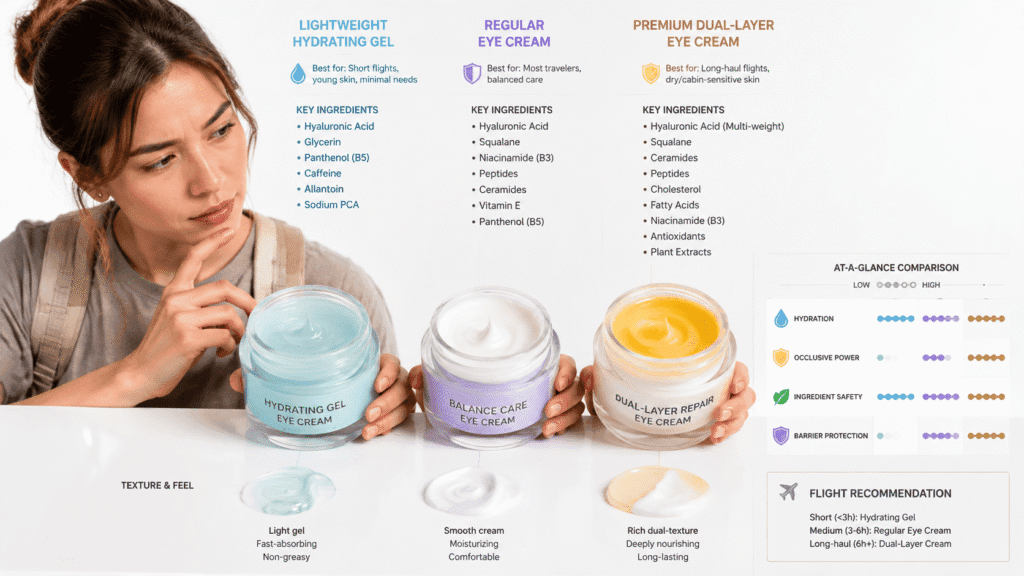 traveler comparing eye cream formulations showing hydration ingredients occlusive barrier protection
