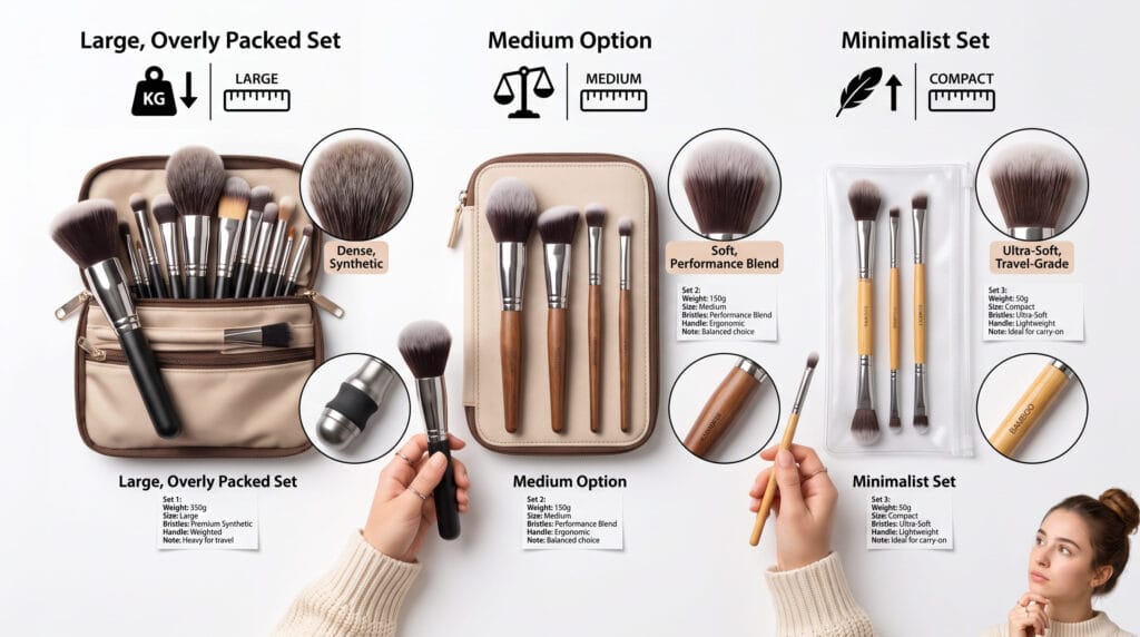 influencer comparing travel makeup brush features functionality weight size quality
