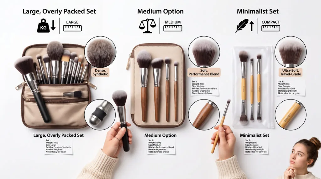 influencer comparing travel makeup brush features functionality weight size quality
