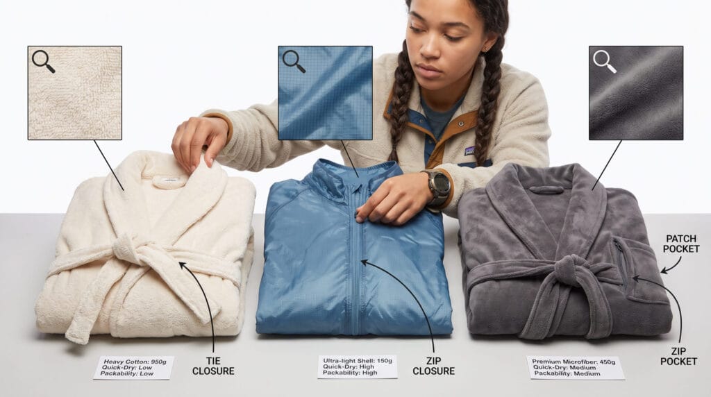 backpacker comparing travel robe features material closure pocket design weight