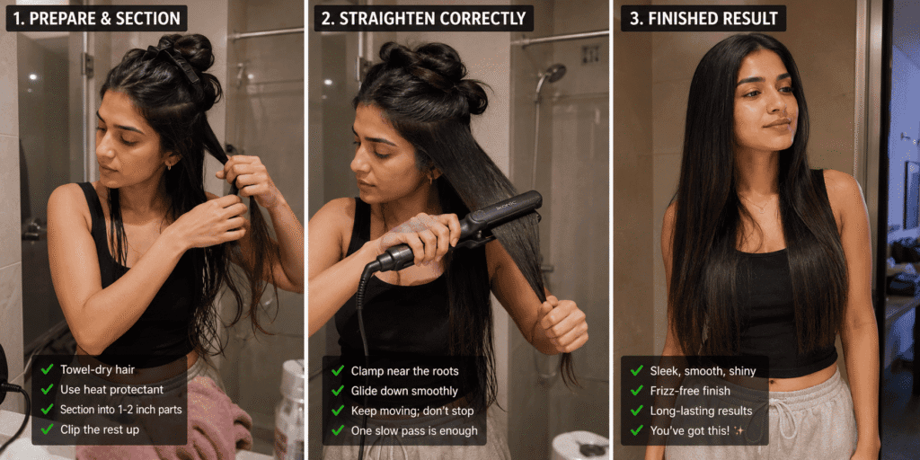 traveler demonstrating proper hair straightening technique step by step in hostel bathroom