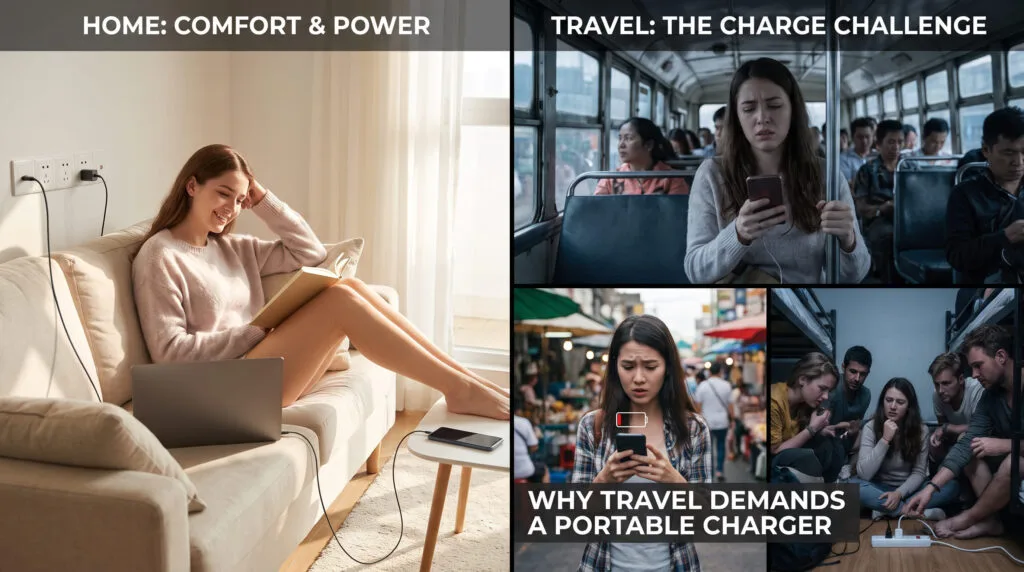 travel influencer showing difference between home charging outlets vs travel situations