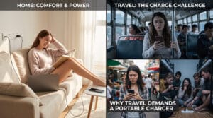 travel influencer showing difference between home charging outlets vs travel situations