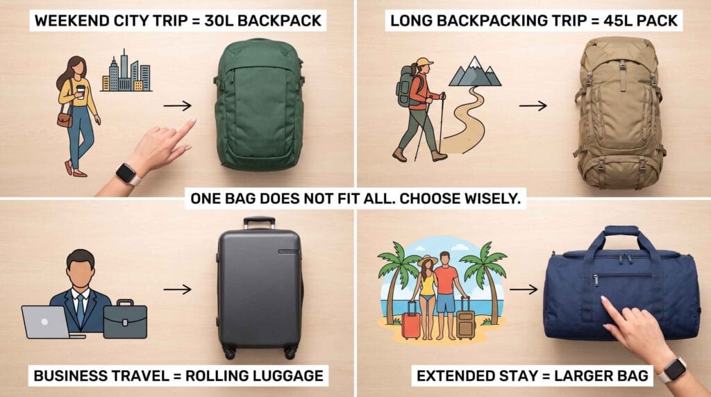 influencer matching travel bags to different travel styles and trip types