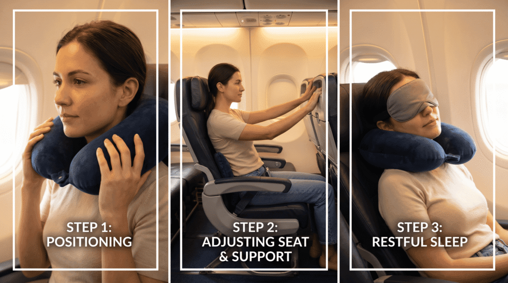 travel influencer demonstrating correct way to use and position travel pillow on airplane for sleep