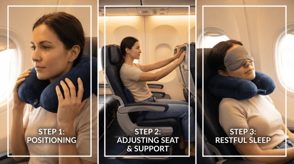 travel influencer demonstrating correct way to use and position travel pillow on airplane for sleep
