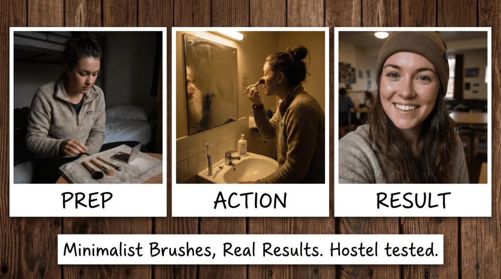  backpacker influencer demonstrating proper makeup application technique with minimal travel brushes
