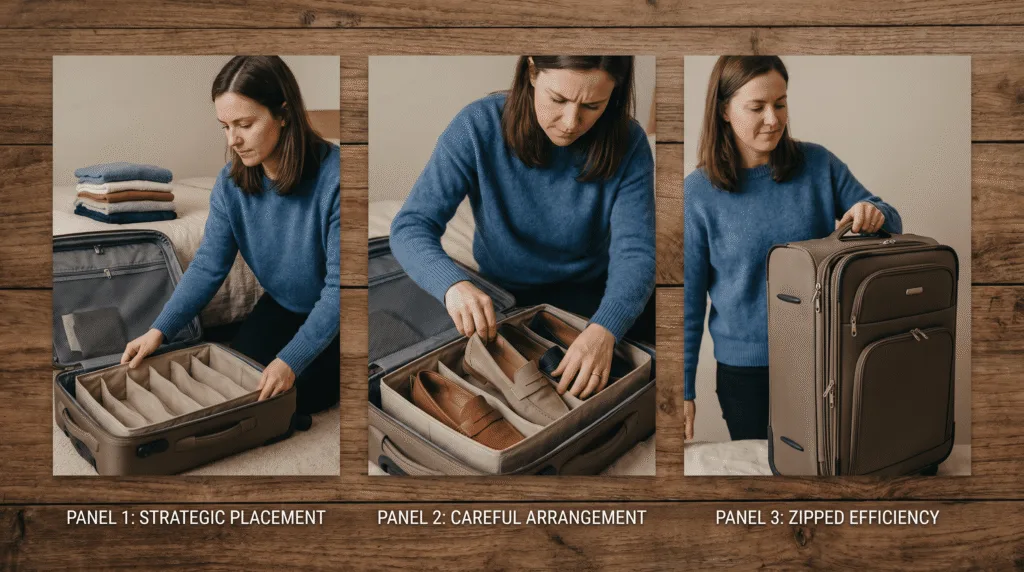 traveler demonstrating proper shoe organizer packing technique step by step process