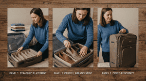 traveler demonstrating proper shoe organizer packing technique step by step process