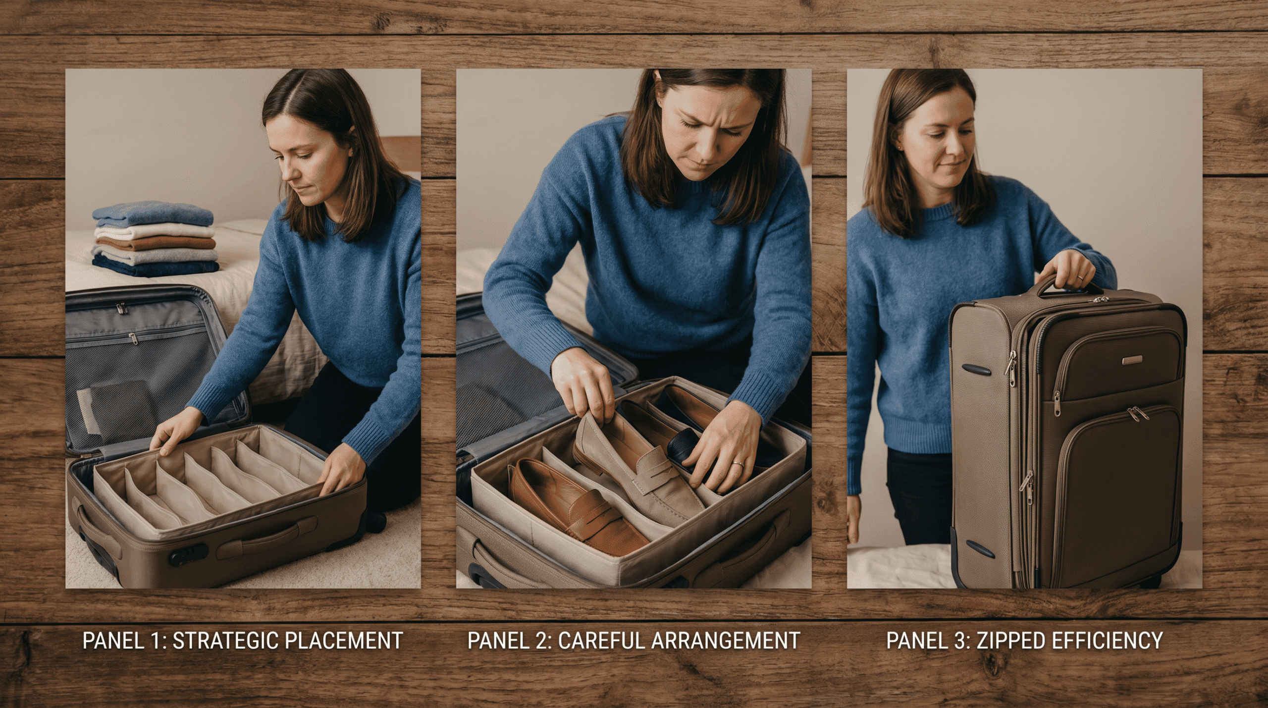 traveler demonstrating proper shoe organizer packing technique step by step process