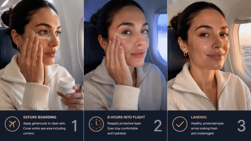 traveler demonstrating proper eye cream application technique before and during flight

