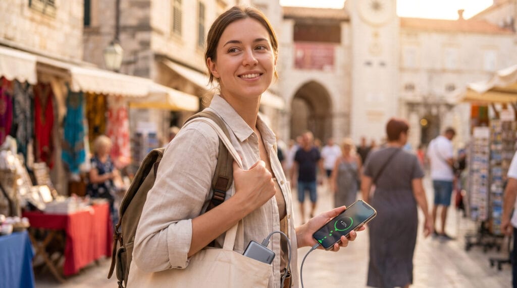 travel influencer relaxed and confident exploring international destination with charged devices
