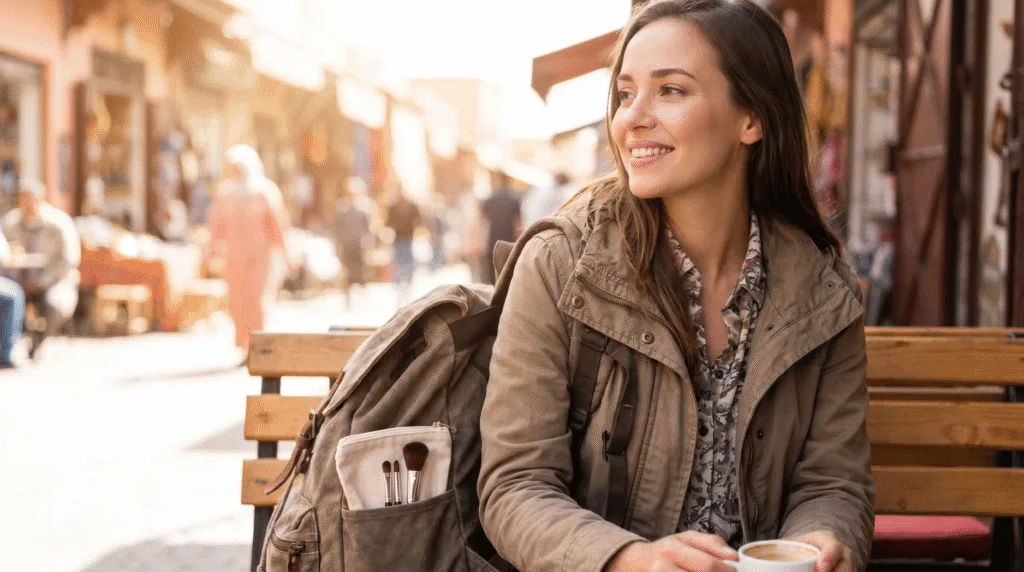 backpacker with minimal makeup brush set looking confident and put-together exploring destination
