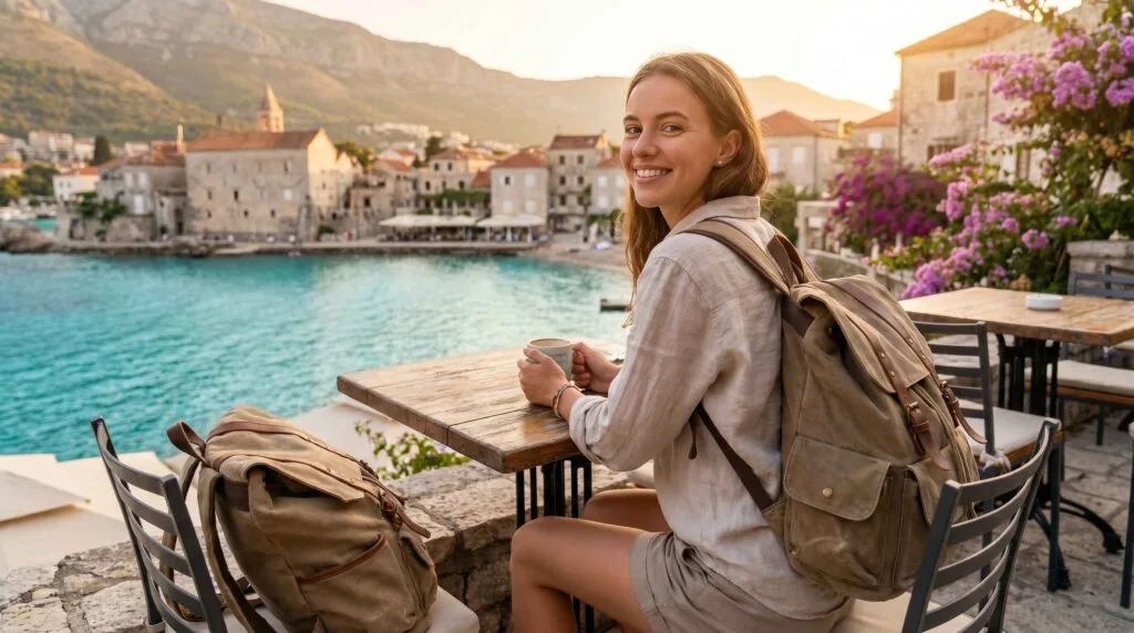 travel influencer actually enjoying travel because she has the right travel bag