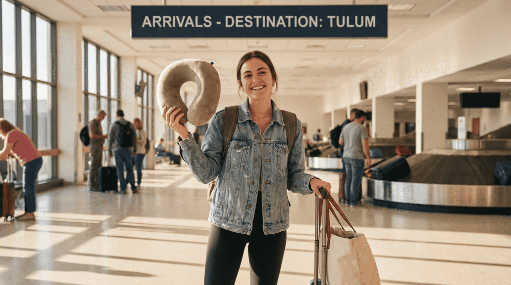 travel influencer looking rested and happy after sleeping well on long flight with good travel pillow