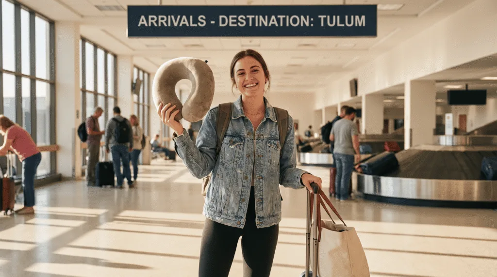 travel influencer looking rested and happy after sleeping well on long flight with good travel pillow
