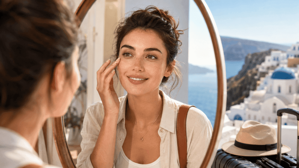traveler arriving at destination with healthy protected eyes from proper flight eye cream care
