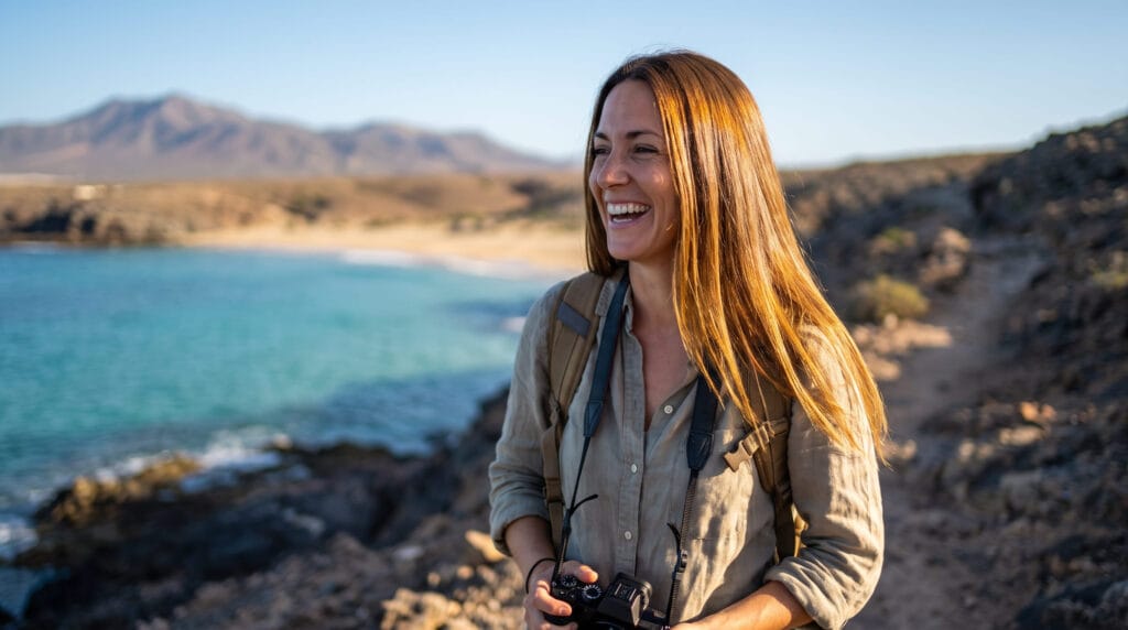 Traveler showing healthy, moisturized hair results from deep conditioning mask